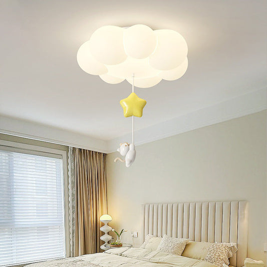 Contemporary Creative Cartoon Kids Kitten Star Moon Cloud Iron PE LED Flush Mount Ceiling Light For Bedroom