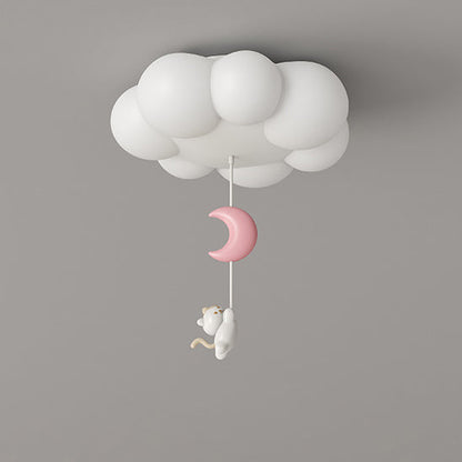 Contemporary Creative Cartoon Kids Kitten Star Moon Cloud Iron PE LED Flush Mount Ceiling Light For Bedroom