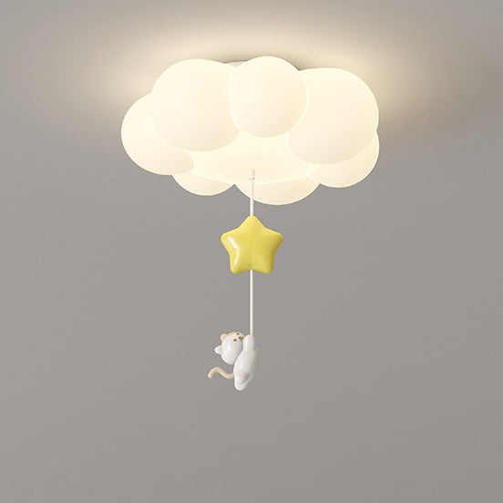 Contemporary Creative Cartoon Kids Kitten Star Moon Cloud Iron PE LED Flush Mount Ceiling Light For Bedroom