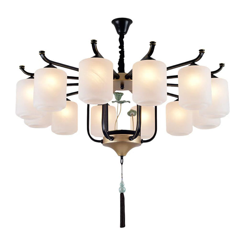 Traditional Chinese Cylinder Shade Tassel Iron Glass 6/8/10/12/18-Light Chandeliers For Dining Room