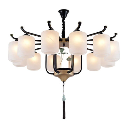 Traditional Chinese Cylinder Shade Tassel Iron Glass 6/8/10/12/18-Light Chandeliers For Dining Room