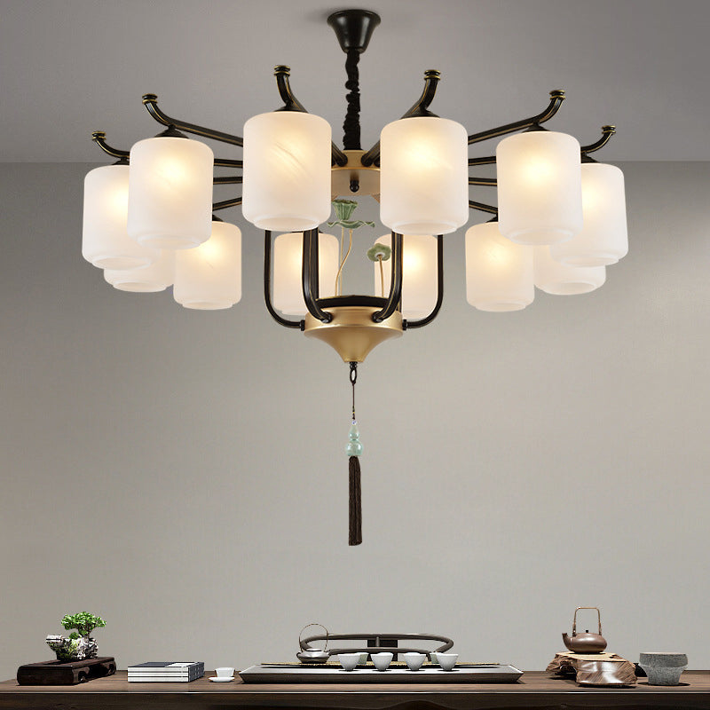 Traditional Chinese Cylinder Shade Tassel Iron Glass 6/8/10/12/18-Light Chandeliers For Dining Room