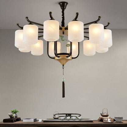 Traditional Chinese Cylinder Shade Tassel Iron Glass 6/8/10/12/18-Light Chandeliers For Dining Room