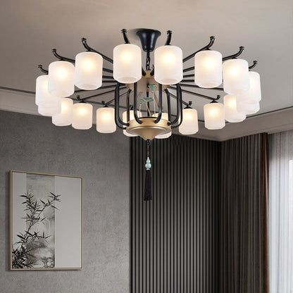 Traditional Chinese Cylinder Shade Tassel Iron Glass 6/8/10/12/18-Light Chandeliers For Dining Room