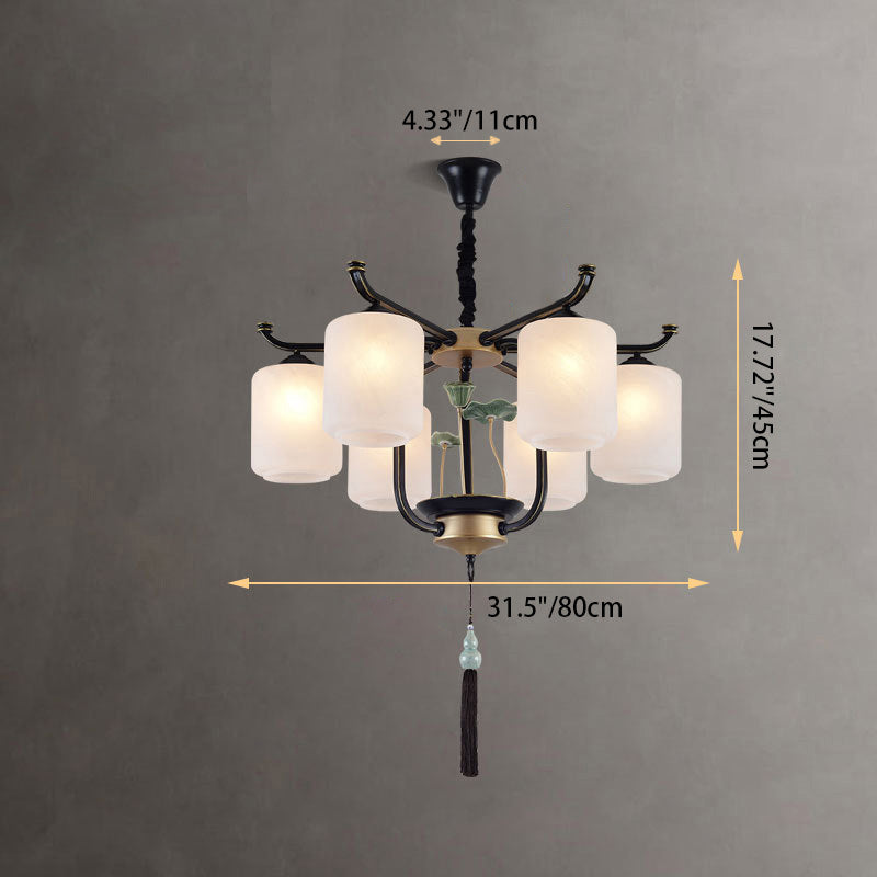 Traditional Chinese Cylinder Shade Tassel Iron Glass 6/8/10/12/18-Light Chandeliers For Dining Room