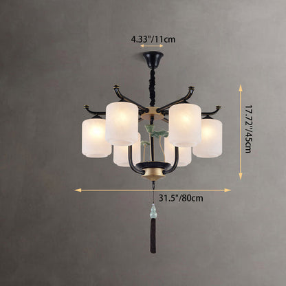 Traditional Chinese Cylinder Shade Tassel Iron Glass 6/8/10/12/18-Light Chandeliers For Dining Room