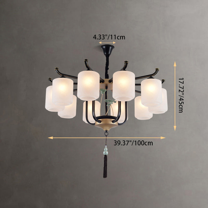 Traditional Chinese Cylinder Shade Tassel Iron Glass 6/8/10/12/18-Light Chandeliers For Dining Room