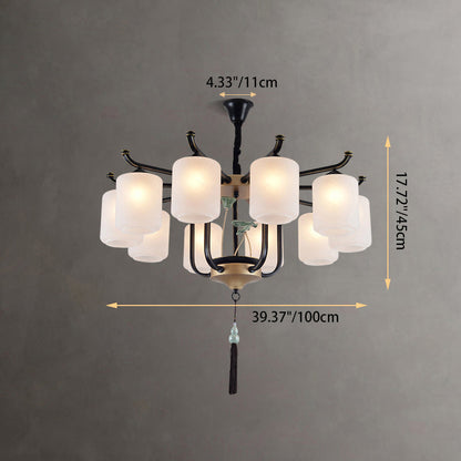 Traditional Chinese Cylinder Shade Tassel Iron Glass 6/8/10/12/18-Light Chandeliers For Dining Room