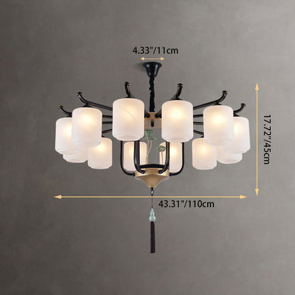 Traditional Chinese Cylinder Shade Tassel Iron Glass 6/8/10/12/18-Light Chandeliers For Dining Room