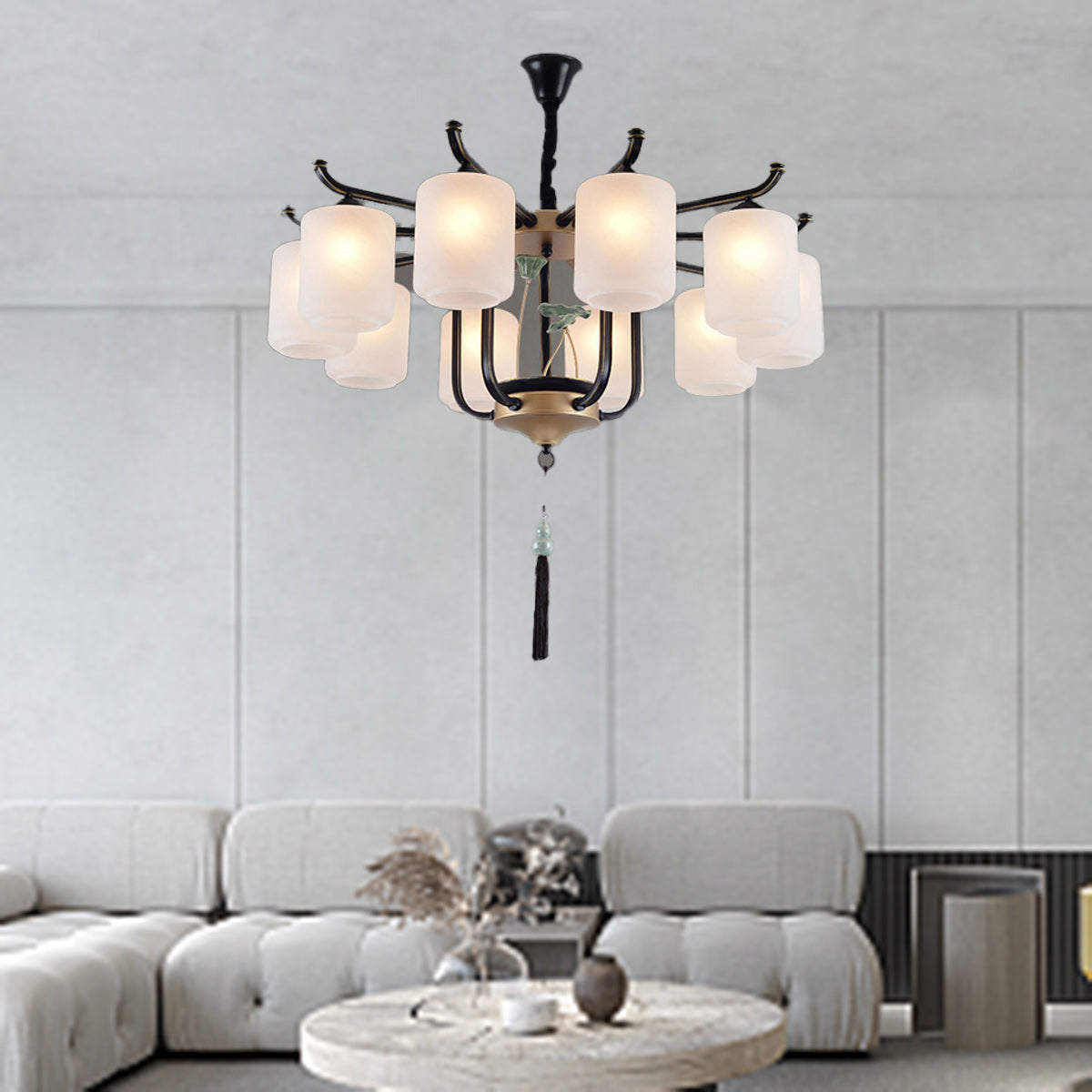 Traditional Chinese Cylinder Shade Tassel Iron Glass 6/8/10/12/18-Light Chandeliers For Dining Room