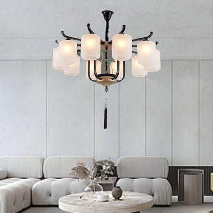 Traditional Chinese Cylinder Shade Tassel Iron Glass 6/8/10/12/18-Light Chandeliers For Dining Room