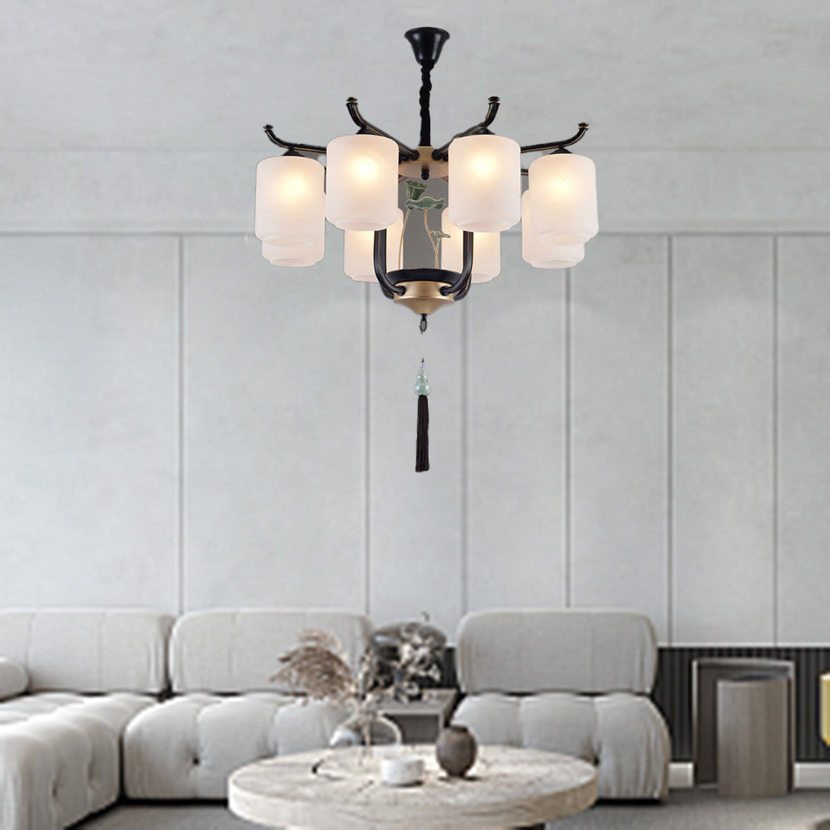 Traditional Chinese Cylinder Shade Tassel Iron Glass 6/8/10/12/18-Light Chandeliers For Dining Room