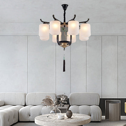 Traditional Chinese Cylinder Shade Tassel Iron Glass 6/8/10/12/18-Light Chandeliers For Dining Room
