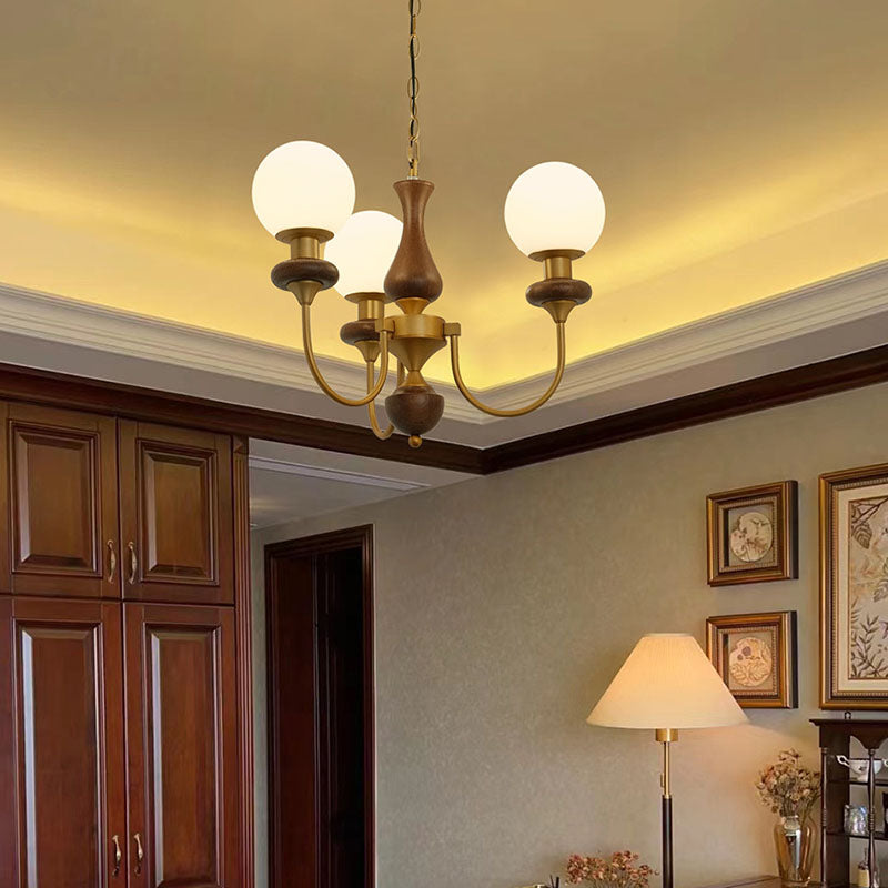 Contemporary Retro Magic Bean Branch Spherical Glass Hardware Wood 3/6/8-Light Chandelier For Living Room