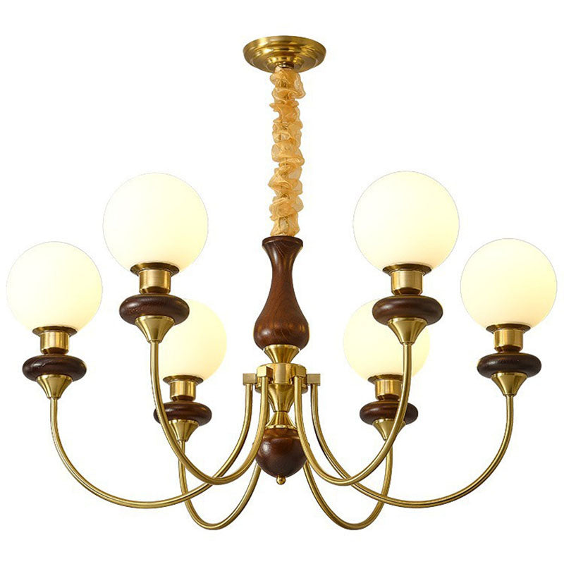 Contemporary Retro Magic Bean Branch Spherical Glass Hardware Wood 3/6/8-Light Chandelier For Living Room