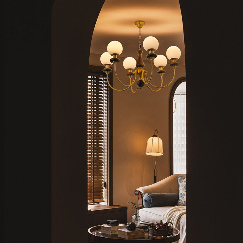 Contemporary Retro Magic Bean Branch Spherical Glass Hardware Wood 3/6/8-Light Chandelier For Living Room
