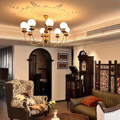 Contemporary Retro Magic Bean Branch Spherical Glass Hardware Wood 3/6/8-Light Chandelier For Living Room
