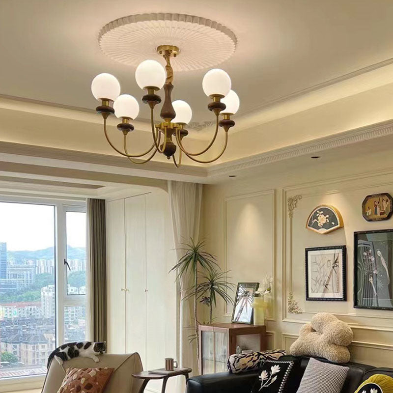 Contemporary Retro Magic Bean Branch Spherical Glass Hardware Wood 3/6/8-Light Chandelier For Living Room