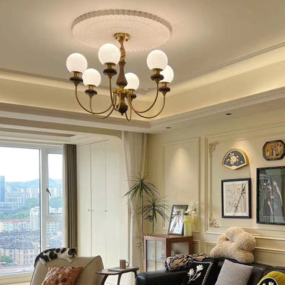 Contemporary Retro Magic Bean Branch Spherical Glass Hardware Wood 3/6/8-Light Chandelier For Living Room