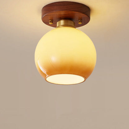 Contemporary Scandinavian Exposed Concealed Installation Drum Round Bowl Ribbed Glass Iron Wood Copper 1-Light Semi-Flush Mount Ceiling Light For Hallway
