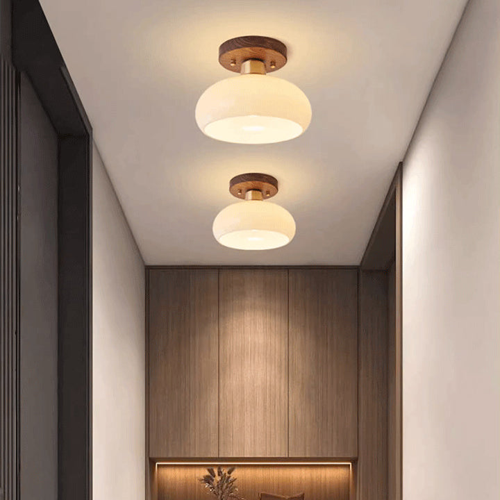 Contemporary Scandinavian Exposed Concealed Installation Drum Round Bowl Ribbed Glass Iron Wood Copper 1-Light Semi-Flush Mount Ceiling Light For Hallway