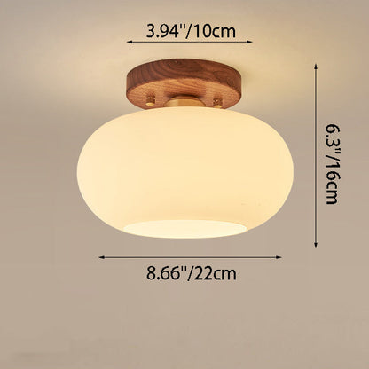 Contemporary Scandinavian Exposed Concealed Installation Drum Round Bowl Ribbed Glass Iron Wood Copper 1-Light Semi-Flush Mount Ceiling Light For Hallway