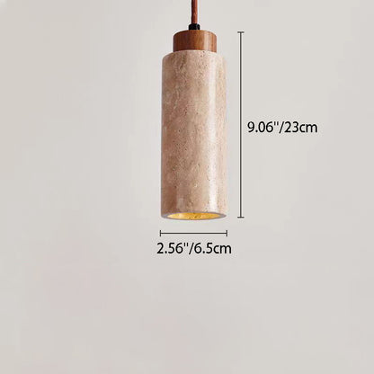 Traditional Japanese Cylinder Yellow Travertine Wood 1-Light Pendant Light For Living Room