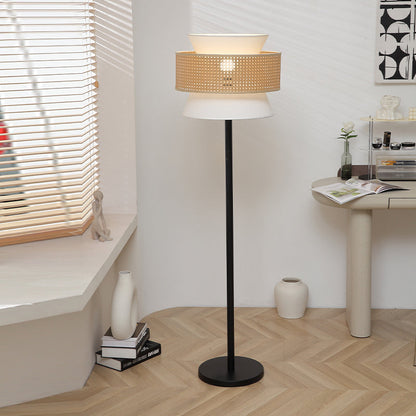 Contemporary Nordic Multi-Round Fabric Rattan Cane Webbing Iron 1- Light Standing Floor Lamp For Living Room