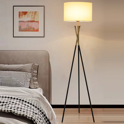 Contemporary Nordic Tripod Base Drum Shape Fabric Iron 1- Light Standing Floor Lamp For Living Room
