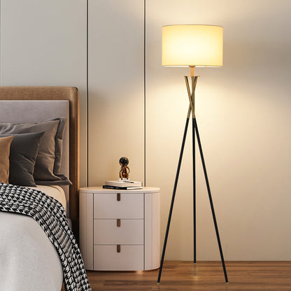 Contemporary Nordic Tripod Base Drum Shape Fabric Iron 1- Light Standing Floor Lamp For Living Room