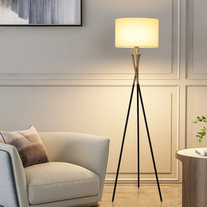 Contemporary Nordic Tripod Base Drum Shape Fabric Iron 1- Light Standing Floor Lamp For Living Room