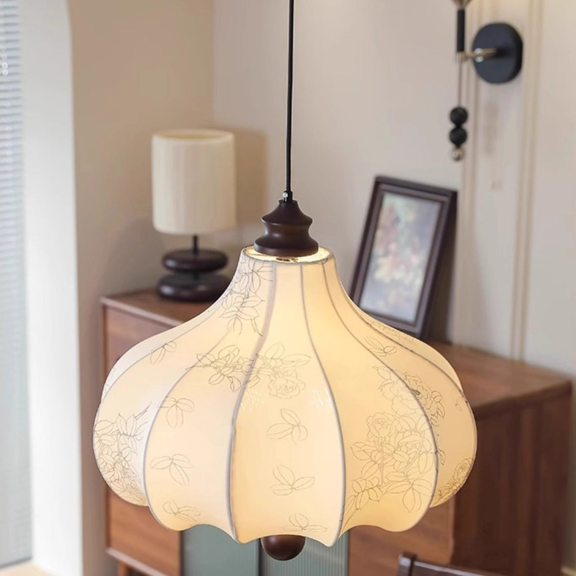 Traditional French Chestnut Print Fabric Wood 3/5 Light Chandelier For Living Room