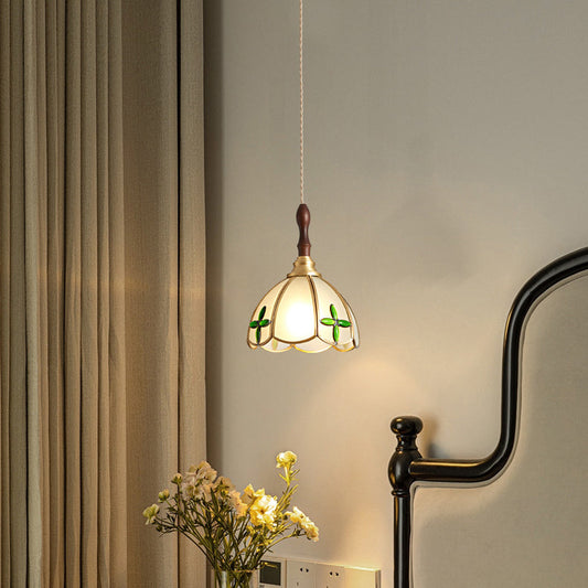 Traditional Tiffany Water Pattern Flower Small Beads Stained Glass Copper 1-Light Pendant Light For Bedroom
