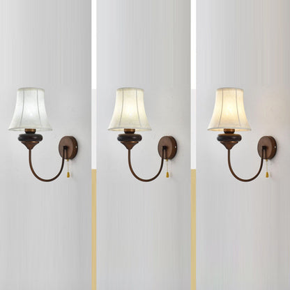 Traditional European Floral Pattern Drum Shape Fabric Hardware Wood 1-Light Wall Sconce Lamp For Living Room