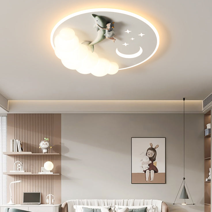 Contemporary Creative Cartoon Kids Cloud Astronaut Mermaid Angel Iron Acrylic LED Flush Mount Ceiling Light For Bedroom