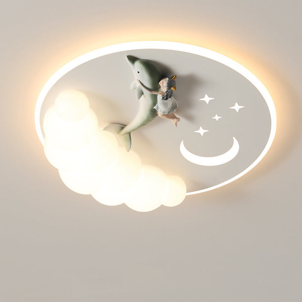 Contemporary Creative Cartoon Kids Cloud Astronaut Mermaid Angel Iron Acrylic LED Flush Mount Ceiling Light For Bedroom