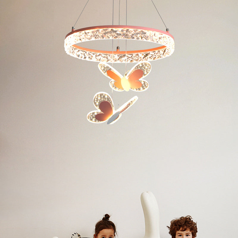 Contemporary Creative Kids Round Cartoon Butterfly Acrylic Iron LED Chandelier For Bedroom