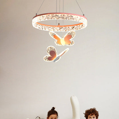 Contemporary Creative Kids Round Cartoon Butterfly Acrylic Iron LED Chandelier For Bedroom