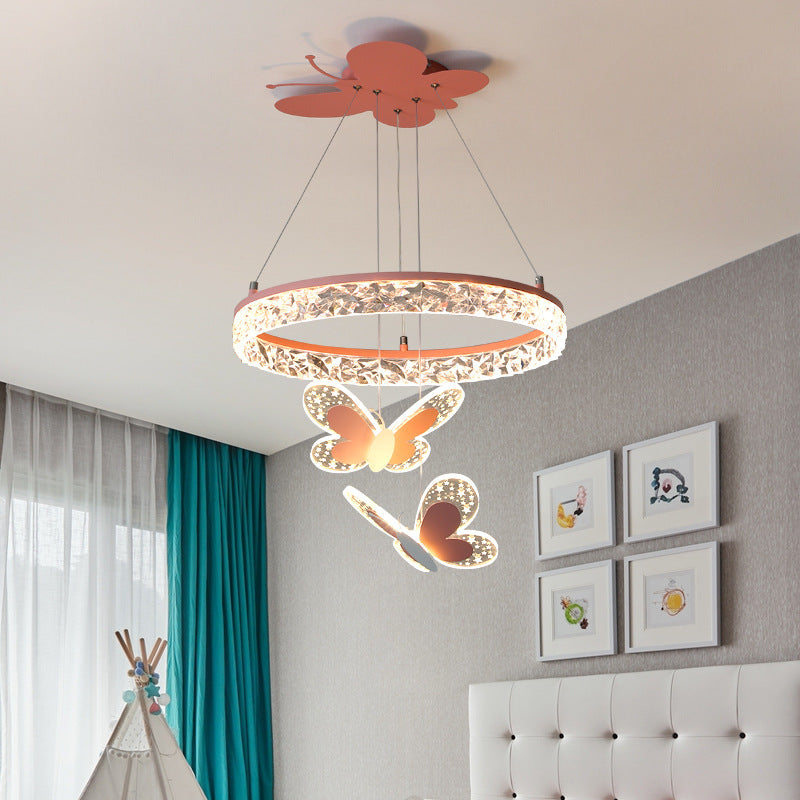 Contemporary Creative Kids Round Cartoon Butterfly Acrylic Iron LED Chandelier For Bedroom