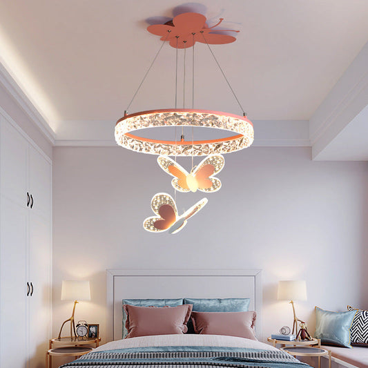 Contemporary Creative Kids Round Cartoon Butterfly Acrylic Iron LED Chandelier For Bedroom