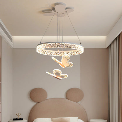 Contemporary Creative Kids Round Cartoon Butterfly Acrylic Iron LED Chandelier For Bedroom