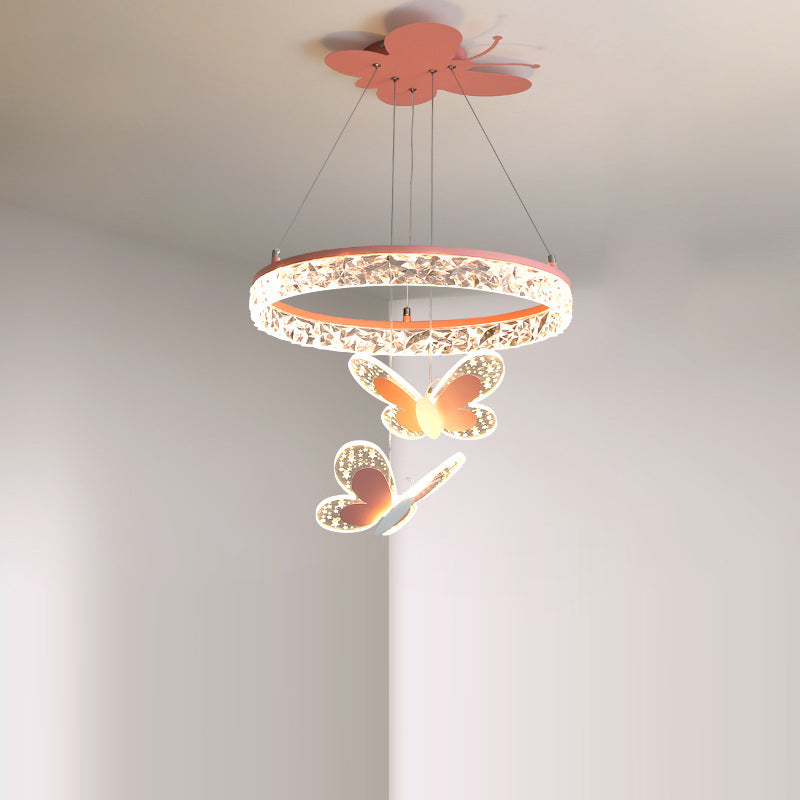 Contemporary Creative Kids Round Cartoon Butterfly Acrylic Iron LED Chandelier For Bedroom
