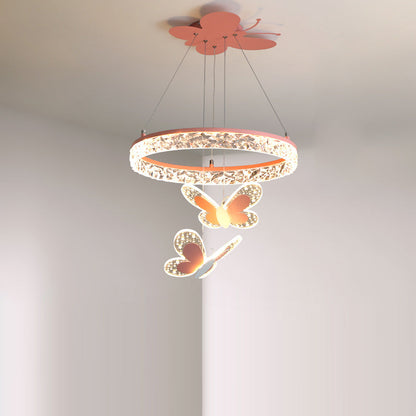 Contemporary Creative Kids Round Cartoon Butterfly Acrylic Iron LED Chandelier For Bedroom