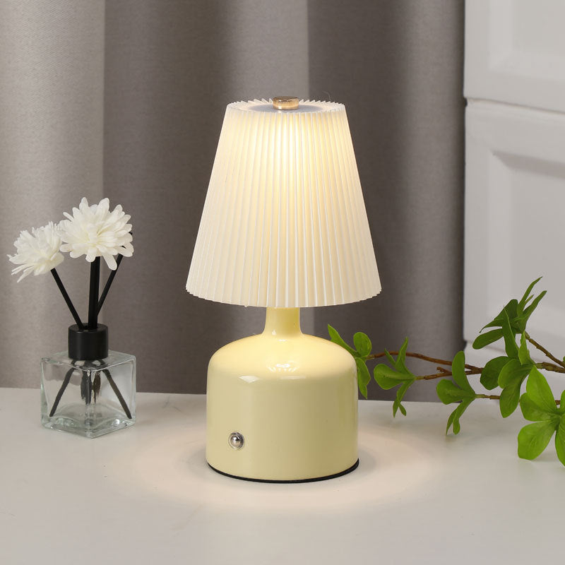 Contemporary Nordic USB Fabric Ceramic Conic Pleated LED Table Lamp For Bedroom