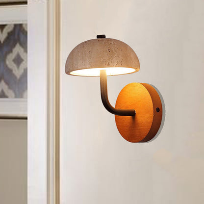 Traditional Japanese Dome Mushroom Yellow Travertine Wood Base LED Wall Sconce Lamp For Living Room