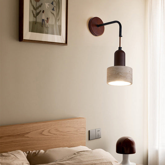 Traditional Japanese Dome Cylinder Cone Yellow Travertine Wood 1-Light Wall Sconce Lamp For Living Room