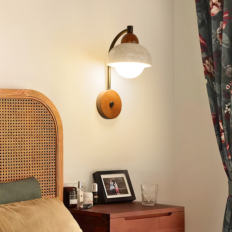 Traditional Japanese Dome Cylinder Cone Yellow Travertine Wood 1-Light Wall Sconce Lamp For Living Room