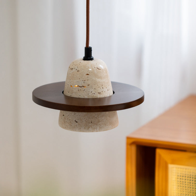 Traditional Japanese Round Cone Yellow Travertine Wood 1-Light Pendant Light For Living Room