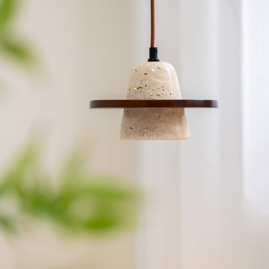 Traditional Japanese Round Cone Yellow Travertine Wood 1-Light Pendant Light For Living Room