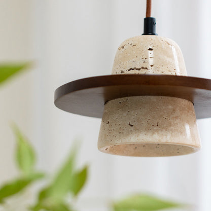 Traditional Japanese Round Cone Yellow Travertine Wood 1-Light Pendant Light For Living Room